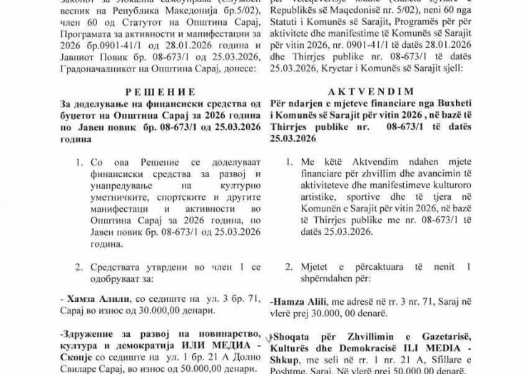 A K T V E N D I M Për ndarjen e mjeteve financiare nga Buxheti i Komunës së Sarajit për vitin 2026